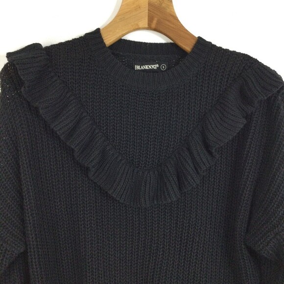 Blank NYC Womens Ruffle Crew Neck Long Sleeve Knit Sweater Black Size Small - Picture 2 of 7